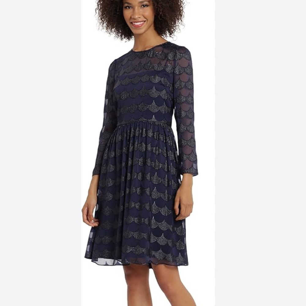 Maggy London Metallic Scallop Burnout Dress US Size 6 Dark Blue
